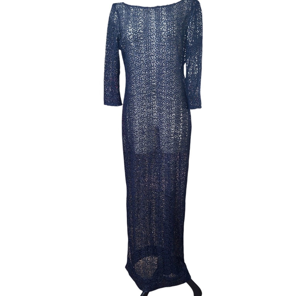 Kay Unger Maxi Dress Women 10 Navy Blue Sequin Crochet Metallic Evening Gown